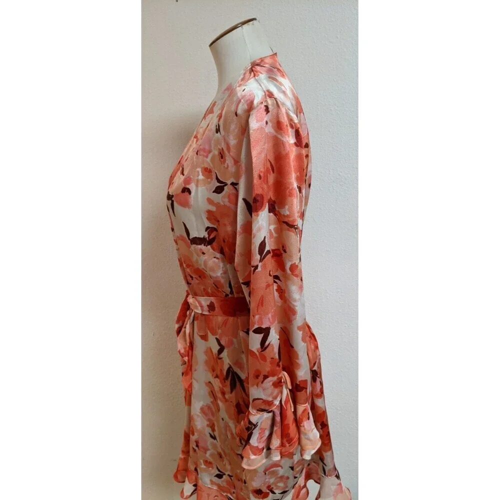 Women's Oscar de la Renta Pink Label Floral Print Ruffle Trim Robe LG